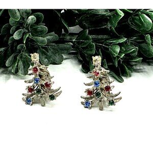 Vintage Christmas Tree Rhinestone Clip On Earrings Silver Tone Festive Jewelry